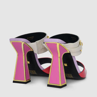 Kat Maconie, Ines, leather pastel coloured shoes with a white base and gold chain across the front, peeped toes and a pyramid heel with gold edging, The Shoe Curator