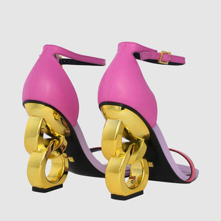 Kat Maconie, Suzu, purple and pink leather stiletto with buckle strap and gold patent chain heel, The Shoe Curator