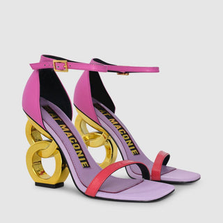 Kat Maconie, Suzu, purple and pink leather stiletto with buckle strap and gold patent chain heel, The Shoe Curator