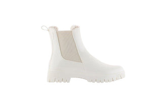 Lemon Jelly, Colden, White patent ankle boot with fluffy insides and cream elastic sides and big thick tread, The Shoe Curator
