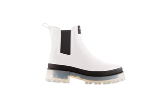 Lemon Jelly, Laney, White patent ankle boot with Black elastic sides and big thick clear tread, The Shoe Curator
