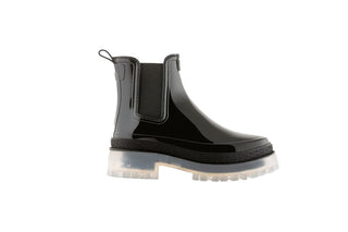 Lemon Jelly, Laney, Black patent ankle boot with black elastic sides and big thick clear tread, The Shoe Curator