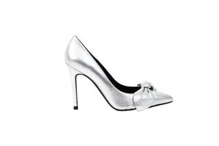 Ted Baker, Silveyy, Silver patent stiletto heel with pointed toes and a bow on the front, The Shoe Curator