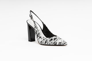 Capelli Rossi black and white snake emboss with pointed toes and patent block heel and slingback, Alica, The Shoe curator.