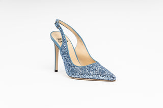 Gianna Meliani, Andy, Light blue sparkly slingback pump with pointed toes and a blue leather stiletto heel, The Shoe Curator