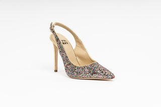 Gianna Meliani, Andy, Multi coloured sparkled pointed toe with slingback pump and gold leather stiletto heel, The Shoe Curator
