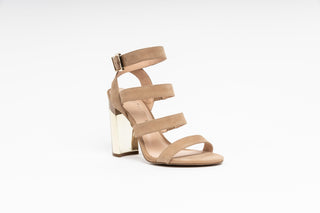 Capelli Rossi almond suede sandal high heel with straps, patent gold and almond block heel, Hayley, The Shoe Curator.