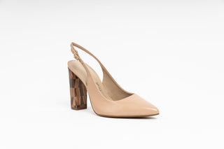 Capelli Rossi Nude slingback pump with pointed toes and a wooden cover over the block heel, Kat, The Shoe Curator