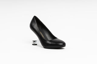 United Nude, Eamz Pump, Black leather patent stiletto with pointed toes and a floating silver heel, The Shoe Curator