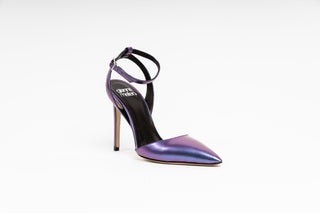Gianni Meliani, Astra, Purple metallic slingback pump with ankle adjustable strap and pointed toe and stiletto heel, The Shoe Curator