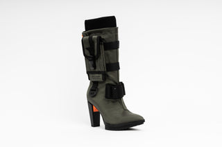 United Nude, Pocket Lev, mid calf pointed toe boots with functional pockets, utility straps and detachable nylon accessories and a block heel with orange detailing, The Shoe Curator
