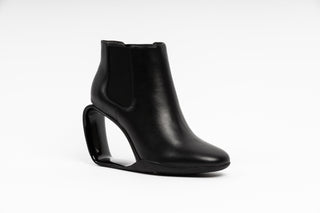 United Nude, Step Mobius Chelsea, Black leather ankle cut boot with elastic sides and a single strand heel with a middle opening, The Shoe Curator