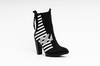 United Nude, Lev Calli Hi, Black and white leather boot with stripes in the middle and black on the front and back with zip, floating small block heel floating, The Shoe Curator