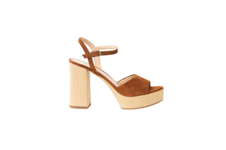 Unisa, Rafia, Brown suede with peeped toe and adjustable ankle strap with textures light brown block heel and sole, The Shoe Curator