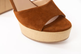 Unisa, Rafia, Brown suede with peeped toe and adjustable ankle strap with textures light brown block heel and sole, The Shoe Curator