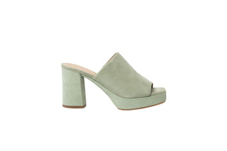 Unisa, Amy, Teel suede pump with peeped toe and open back with block croc patterned heel, The Shoe Curator