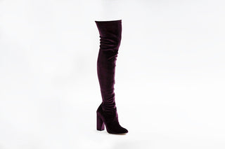 Gianni Meliani, Lux, Mid-Thigh purple suede with pointed toe and block heel with zip on inner leg, The Shoe Curator