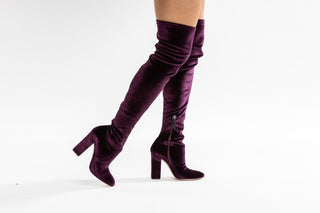 Gianni Meliani, Lux, Mid-Thigh purple suede with pointed toe and block heel with zip on inner leg modelled with legs and feet, The Shoe Curator