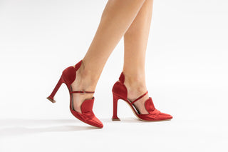 Rosbalet, Dragon Pump, Red velet patent pump with thin adjustable strap on the middle of the heel with covered pointed toes and a back cover over heel, and open foot with small block heel modelled with feet and legs, The Shoe Curator
