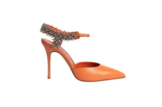 Manolo Blahnik, Skelli, Orange leather pointed toe stiletto with adjustable ankle strap with silver chain detailing, The Shoe Curator