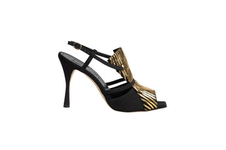 Manolo Blahnik, Puxi, Black leather slingback pump with peeped toe and slim hourglass heel as well as gold and black geometrical strips on front cover, The Shoe Curator