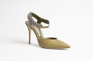 Manolo Blahnik, Skelli, Green leather stiletto with pointed toe and adjustable ankle strap with silver chain detailing, The Shoe Curator