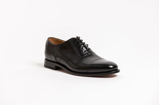 Loake, Bloxto, Black leather patent shoe with slim squared toes and black laces, The Shoe Curator.