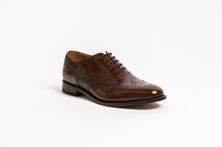 Loake, Broxbr, Brown patent with slim squared toes and dot art through the stitching designs, The Shoe Curator