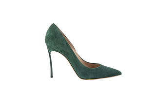 Casadei Scarpa Blade - Green suede stiletto with pointed toe and powdered green stainless steel heel- The Shoe Curator