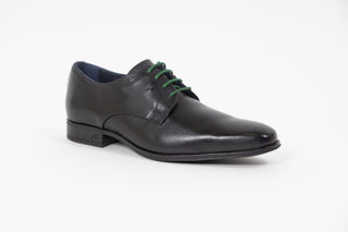Fluchos, Gordy, Black leather slim squared toe with stiching around the ankle edge and green laces, The Shoe Curator
