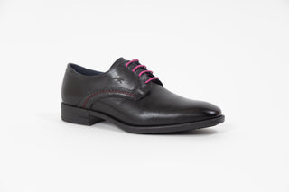 Fluchos, Wright, Black leather slim squared shoe with stiching side and back detailed and pink laces, The Shoe Curator