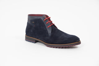 Fluchos. Carlos, Navy Blue suede shoe with croc patterned sides and back with red laces and maroon insole, The Shoe Curator