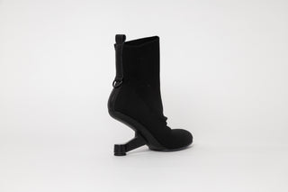 United Nude, Eamz Fab Bootie, Black stretchy fabric with a floating heel, round toes and hook on the back, The Shoe Curator