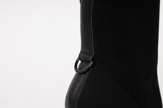 United Nude, Eamz Fab Bootie, Black stretchy fabric with a floating heel, round toes and hook on the back, The Shoe Curator