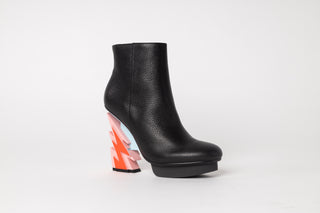 United Nude, Glam Bootie, Black patent ankle boot with pink and red lightning bolt heel with silver stability, The Shoe Curator