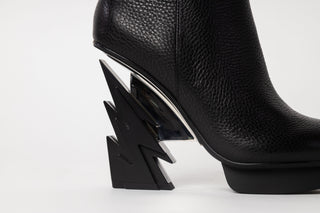 United Nude, Glam Bootie, Black patent ankle boot with lightning bolt heel with silver stability, The Shoe Curator