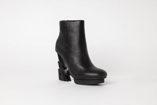 United Nude, Glam Bootie, Black patent ankle boot with lightning bolt heel with silver stability, The Shoe Curator