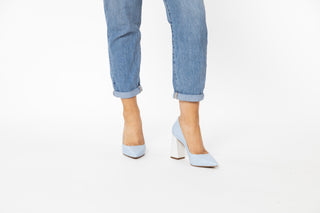 Capelli Rossi Blue bell leather pump with pointed toes and a white croc patterned block heel with rubber soles styled with denim jeans and modelled with feet and legs, Brandi, The Shoe Curator