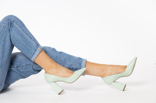 Capelli Rossi pastel green leather pump with pointed toes and a patent block heel styled with jeans and modelled with feet and legs, Diane, The Shoe Curator