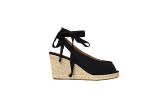 Cafe Noir, Cali, Black wedge with peeped toe and wrap around tie and natural coloured heel with woven texture, The Shoe Curator