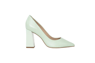 Capelli Rossi pastel green leather pump with pointed toes and a patent block heel, Diane, The Shoe Curator