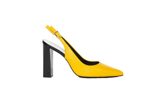 Capelli Rossi yellow high heel with a slingback strap and pointed toes with a black patent block pump heel, Arla, The Shoe Curator.