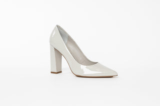 Capelli Rossi light grey patent pump with pointed toes and a block heel, Kathleen, The Shoe Curator