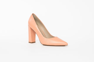 Capelli Rossi pastel coral leather pump with pointed toes and block heel, Lisa, The Shoe Curator