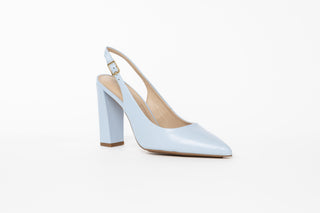 Capelli Rossi pastel baby blue leather slingback pump with pointed toes and block heel, Maggie, The Shoe Curator