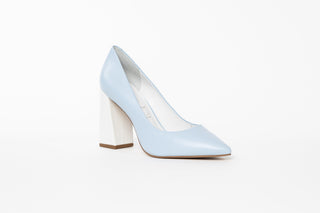 Capelli Rossi Blue bell leather pump with pointed toes and a white croc patterned block heel with rubber soles, Brandi, The Shoe Curator