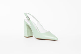 Capelli Rossi pastel green shoe with a slingback strap and pointed toes with a croc patterned block heel, Annie, The Shoe Curator