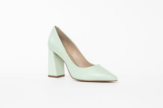Capelli Rossi pastel green leather pump with pointed toes and a patent block heel, Diane, The Shoe Curator