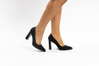 Capelli Rossi black stripey suede pump with pointed toes and black patent block heel with rubber tread modelled with legs and feet, Mary-Anne, The Shoe Curator