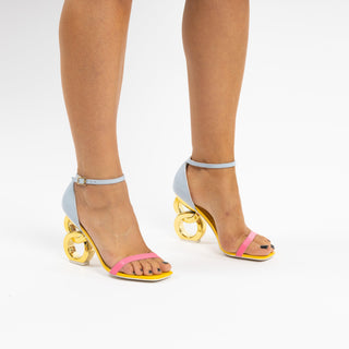 Kat Maconie, Suzu, yellow, baby blue (patent) and pink leather stiletto with gold buckle strap and gold patent chain heel modelled with feet and legs, The Shoe Curator